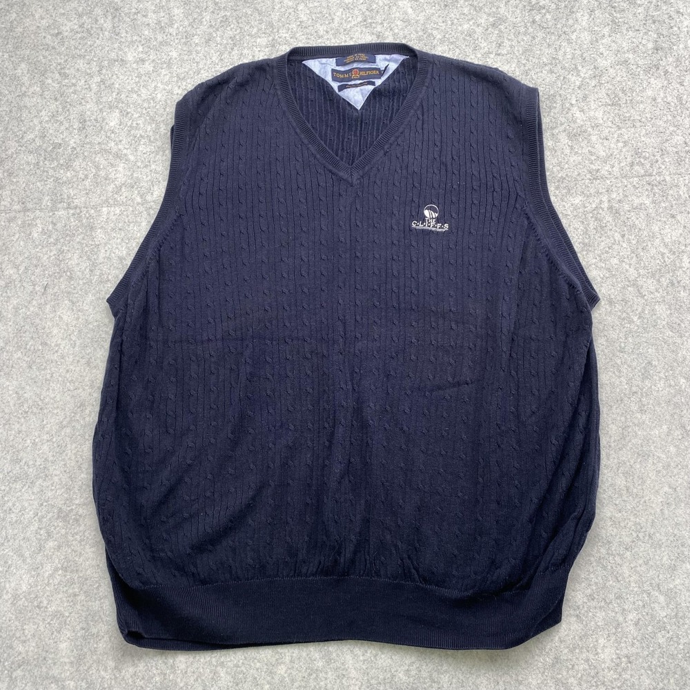 Tommy Hilfiger Sweater Vest Mens 2XL Blue Cable Knit Golf V Neck Pullover Logo